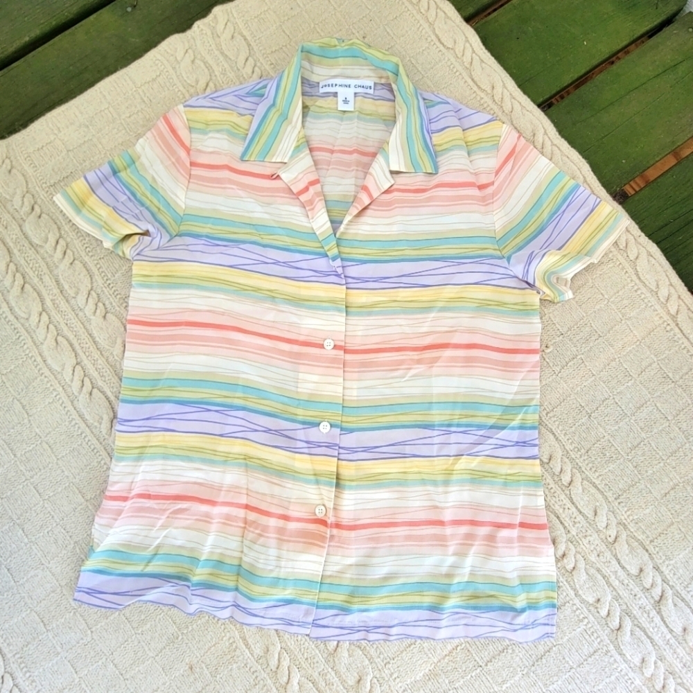 Josephine Chaus Pastel Rainbow Striped 100% Silk Beachy Button Down Blouse sz 8